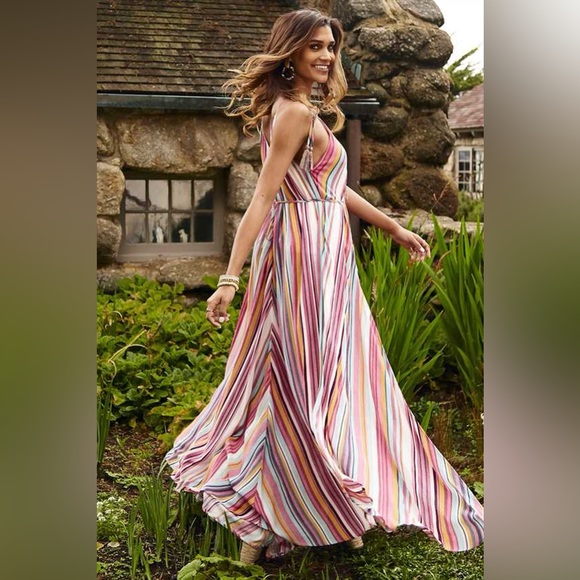 Altar’d State Quesada Striped Maxi Dress Tie Shoulder & Waist Front Slit size S - Picture 5 of 13